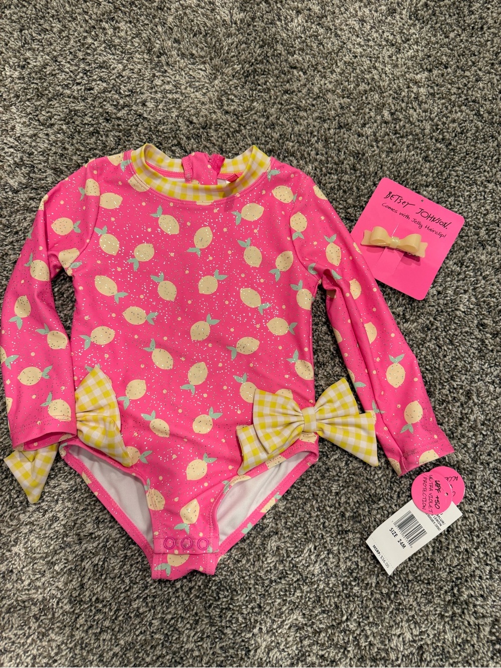 Betsey Johnson Baby Girls Swimsuit 24M Pink Lemon Print Bow & Hairclip NWT